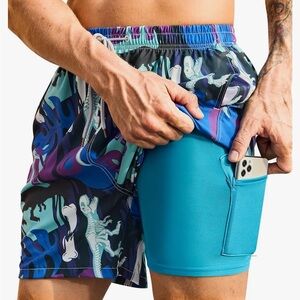 Men's Athletic Shorts with Dinosaur Print - Blue